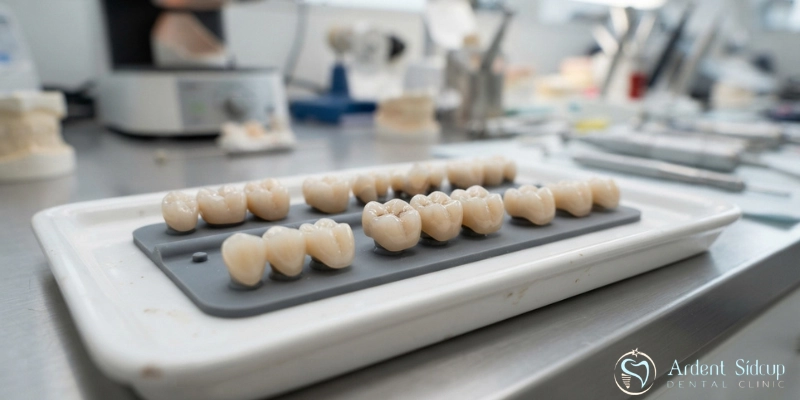 Zirconia and ceramic dental crowns placed on a clinical tray