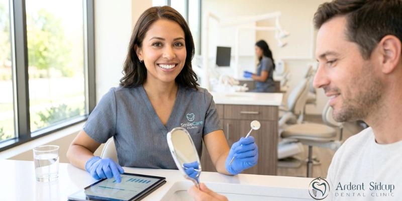 Dentist performing an examination to diagnose receding gum stages
