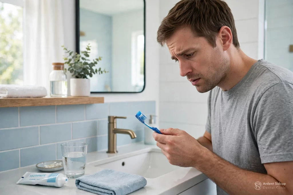 Man looking at his toothbrush with concern after noticing bleeding gums when brushing