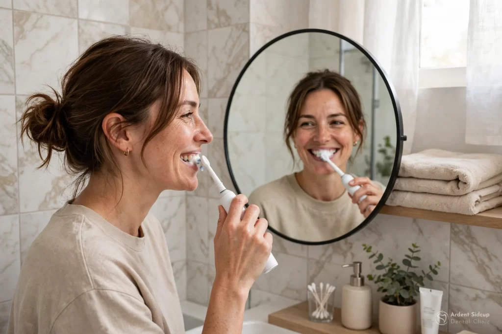 Woman brushing her teeth with an electric toothbrush to care for her dental implants