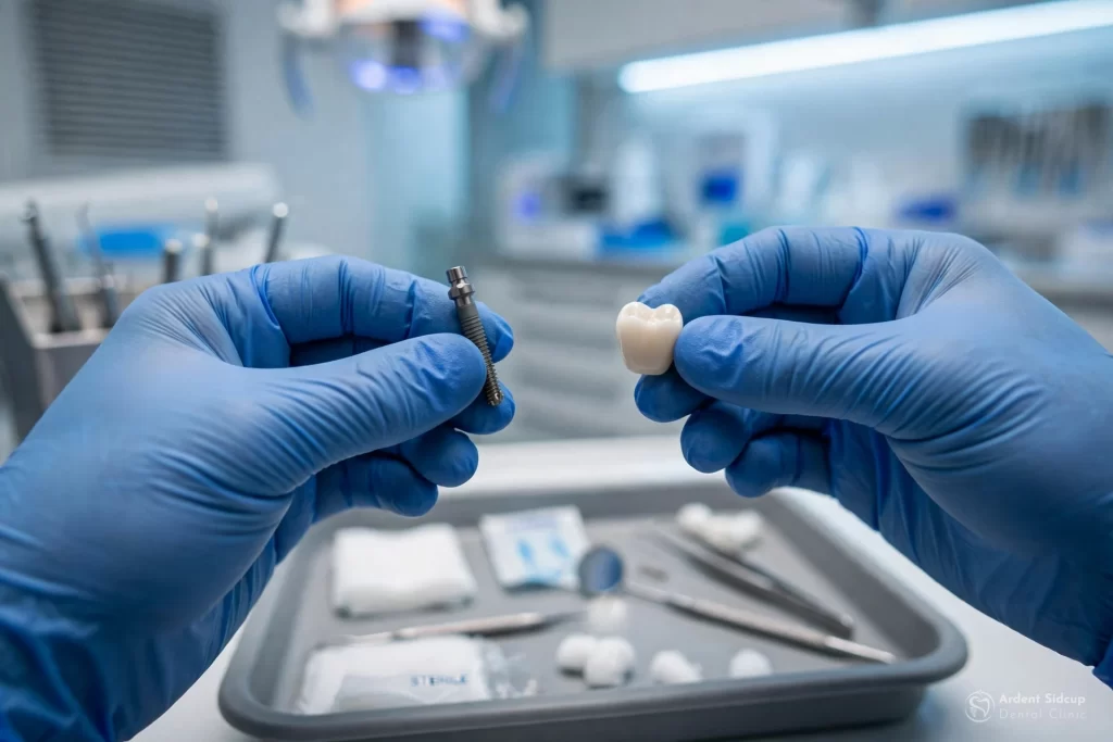 Dentist in blue gloves holding a titanium dental implant and a ceramic crown over a clinical tray