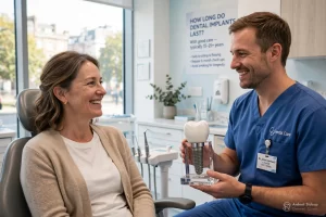 Dentist holding a dental implant model beside a smiling patient in a bright modern clinic