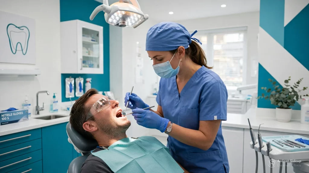 Dentist examining a patient's gums with a dental mirror during a check-up